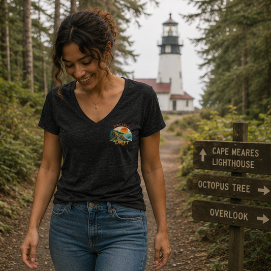 Pacific Drift Women's Relaxed V-Neck T-Shirt on a coastal lighthouse trail — queer-owned PNW Pride apparel, front view
