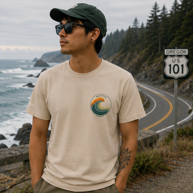 Patchwork Pacific T-Shirt on a Highway 101 coastal overlook — queer-owned PNW Pride apparel, front view