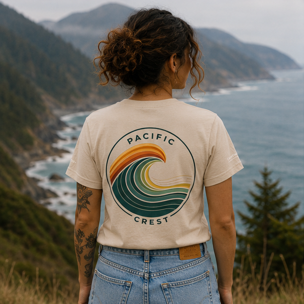 Patchwork Pacific T-Shirt in a Pacific Ocean bluff — queer-owned PNW Pride apparel, back view