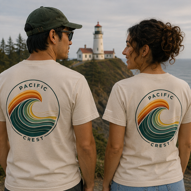 Patchwork Pacific T-Shirt at a Pacific Northwest lighthouse — queer-owned PNW Pride apparel, back view