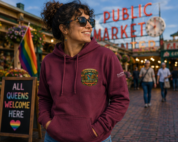 Pride on the Tide Hoodie at Pike Place Market — queer-owned PNW Pride apparel, front view