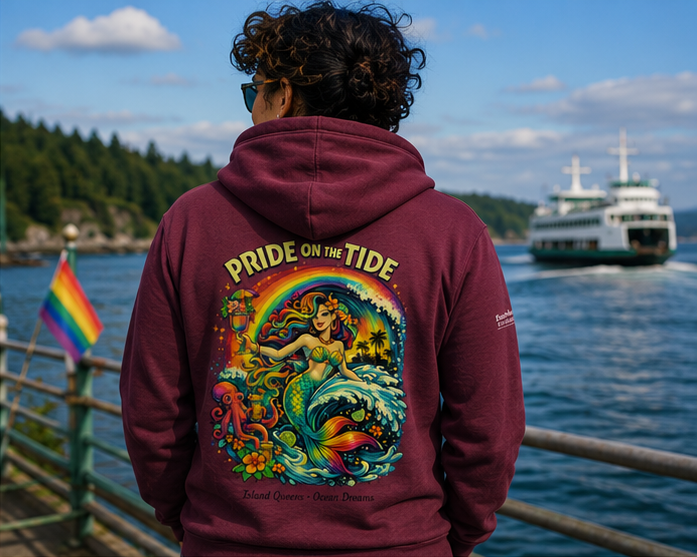 Pride on the Tide Hoodie in the Salish Sea ferry — queer-owned PNW Pride apparel, back view