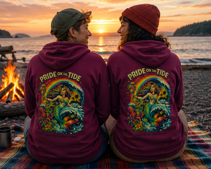 Pride on the Tide Hoodie on a Pacific Northwest beach bonfire — queer-owned PNW Pride apparel, back view