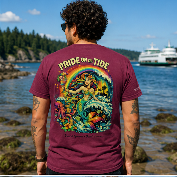 Pride on the Tide T-Shirt in the Salish Sea ferry — queer-owned PNW Pride apparel, back view