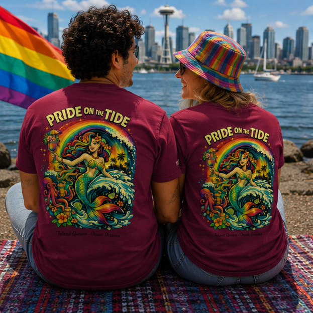 Pride on the Tide T-Shirt on the Seattle waterfront — queer-owned PNW Pride apparel, back view