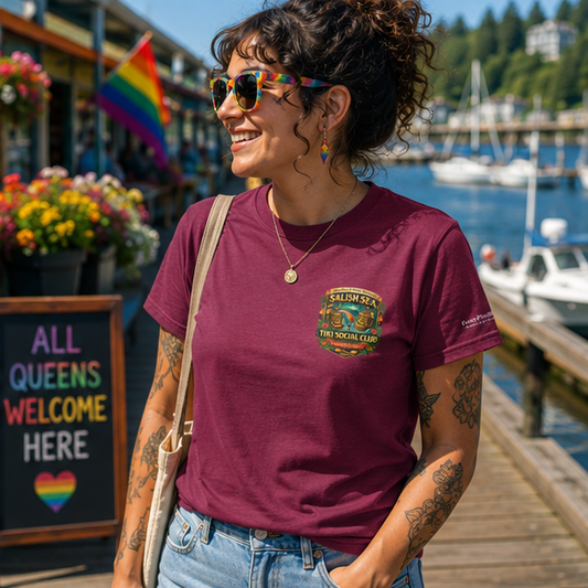 Pride on the Tide T-Shirt at a Pacific Northwest marina market — queer-owned PNW Pride apparel, front view