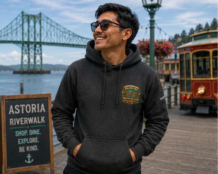 Pride Punch Hoodie at the Astoria Riverwalk — queer-owned PNW Pride apparel, front view