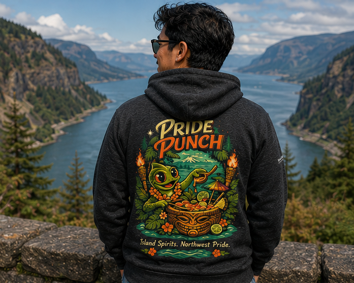 Pride Punch Hoodie at the Columbia River Gorge — queer-owned PNW Pride apparel, back view