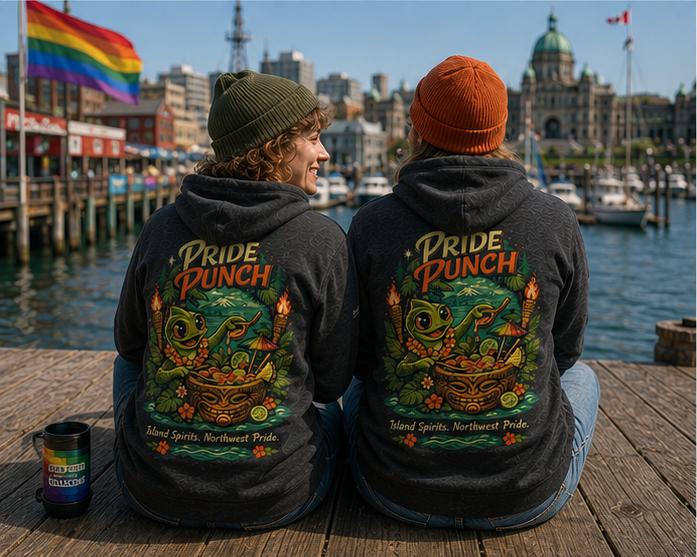 Pride Punch Hoodie at Victoria Inner Harbour — queer-owned PNW Pride apparel, back view