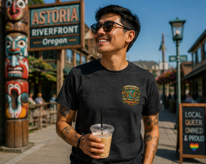 Pride Punch T-Shirt at the Astoria riverfront — queer-owned PNW Pride apparel, front view