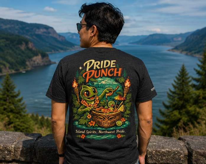 Pride Punch T-Shirt at the Columbia River Gorge — queer-owned PNW Pride apparel, back view