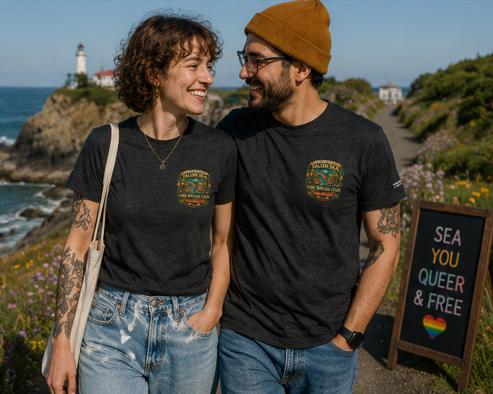 Pride Punch T-Shirt at Cape Disappointment Lighthouse — queer-owned PNW Pride apparel, front view