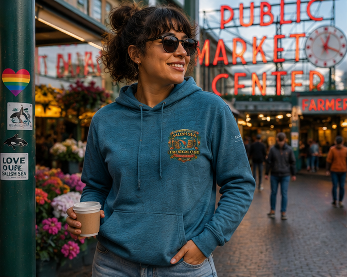 Queens of the Coral Reef Hoodie at Pike Place Market — queer-owned PNW Pride apparel, front view