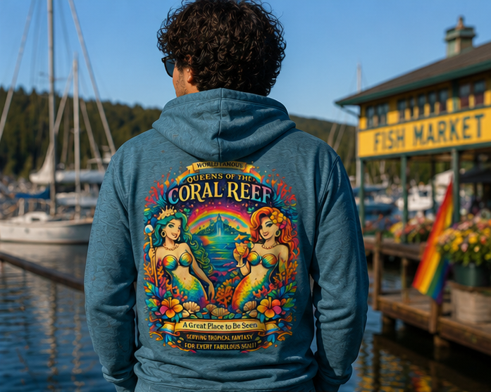 Queens of the Coral Reef Hoodie at a Salish Sea marina — queer-owned PNW Pride apparel, back view