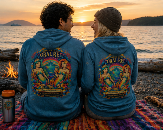 Queens of the Coral Reef Hoodie on a Pacific Northwest beach bonfire — queer-owned PNW Pride apparel, back view
