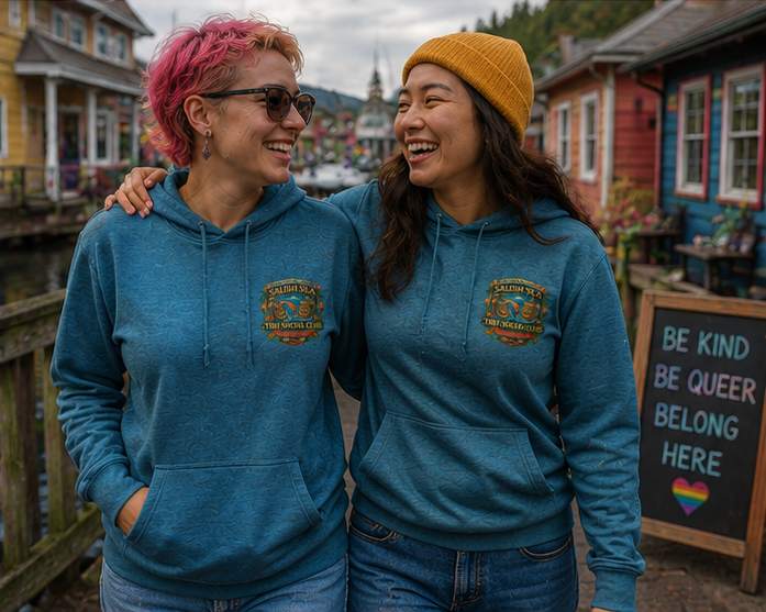 Queens of the Coral Reef Hoodie at a colorful Pacific Northwest marina town — queer-owned PNW Pride apparel, front view