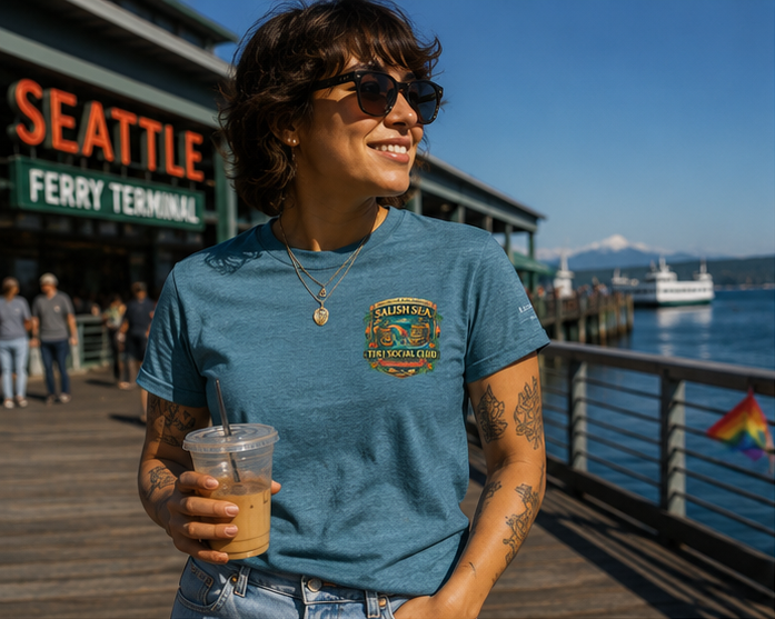 Queens of the Coral Reef T-Shirt at the Seattle ferry terminal — queer-owned PNW Pride apparel, front view