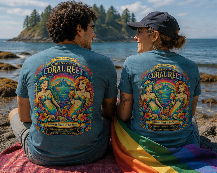 Queens of the Coral Reef T-Shirt on a Salish Sea beach — queer-owned PNW Pride apparel, back view