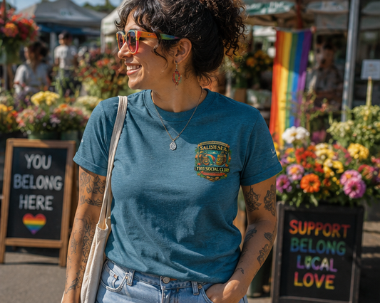 Queens of the Coral Reef T-Shirt on a Pacific Northwest waterfront flower market — queer-owned PNW Pride apparel, front view