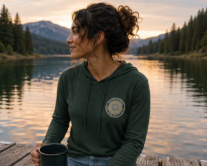 Quiet Rings Hooded Long Sleeve Tee at a BC alpine lake — queer-owned PNW Pride apparel, front view