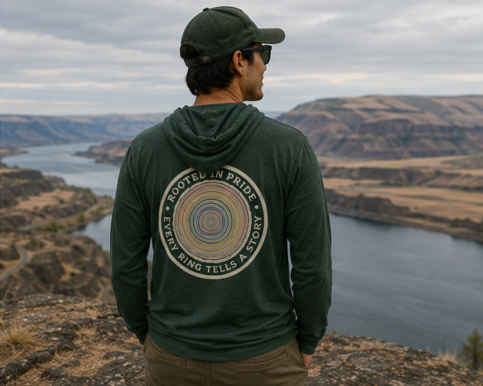 Quiet Rings Hooded Long Sleeve Tee at the Columbia Gorge in Eastern Washington — queer-owned PNW Pride apparel, back view