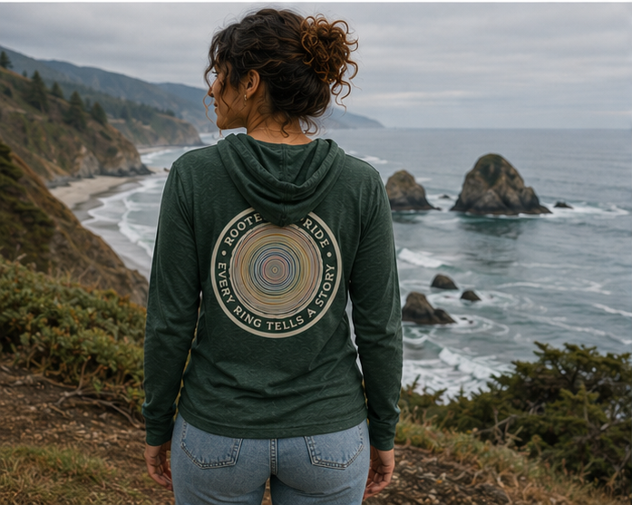 Quiet Rings Hooded Long Sleeve Tee on the Oregon coast — queer-owned PNW Pride apparel, back view