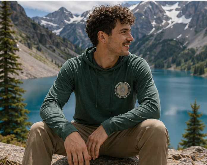 Quiet Rings Hooded Long Sleeve Tee at an alpine lake in the North Cascades — queer-owned PNW Pride apparel, front view