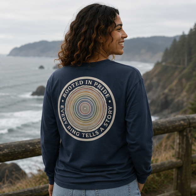 Quiet Rings Long Sleeve Tee on the Pacific Northwest coast — queer-owned PNW Pride apparel, back view