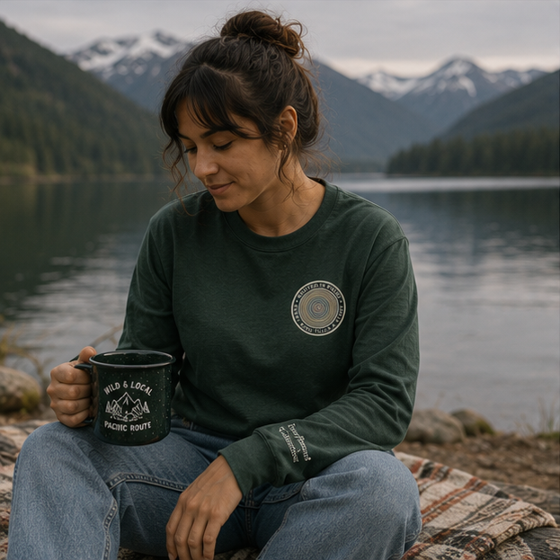 Quiet Rings Long Sleeve Tee at a Pacific Northwest mountain lake — queer-owned PNW Pride apparel, front view