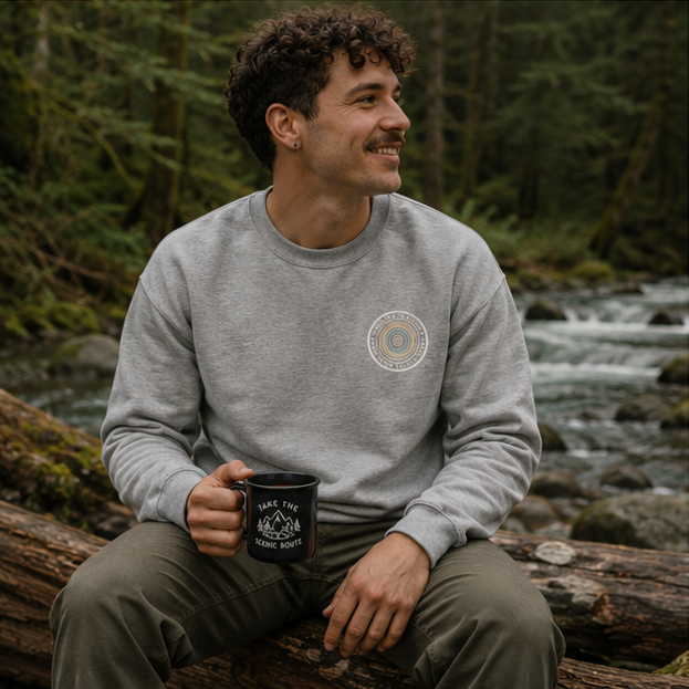 Quiet Rings Sweatshirt at a Pacific Northwest forest river — queer-owned PNW Pride apparel, front view