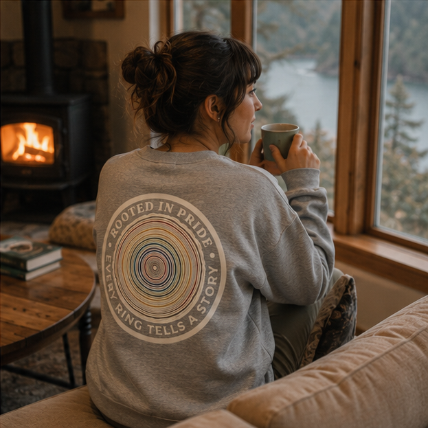 Quiet Rings Sweatshirt in a cozy Pacific Northwest cabin — queer-owned PNW Pride apparel, back view