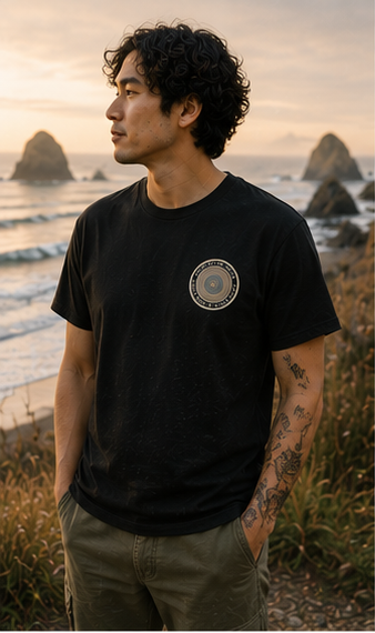 Quiet Rings T-Shirt on the rugged Pacific Northwest coast — queer-owned PNW Pride apparel, front view