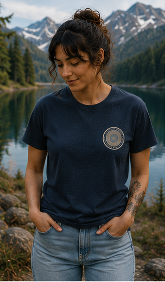 Quiet Rings T-Shirt at a misty Pacific Northwest mountain lake — queer-owned PNW Pride apparel, front view