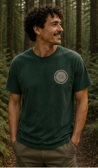 Quiet Rings T-Shirt at a Pacific Northwest forest — queer-owned PNW Pride apparel, front view