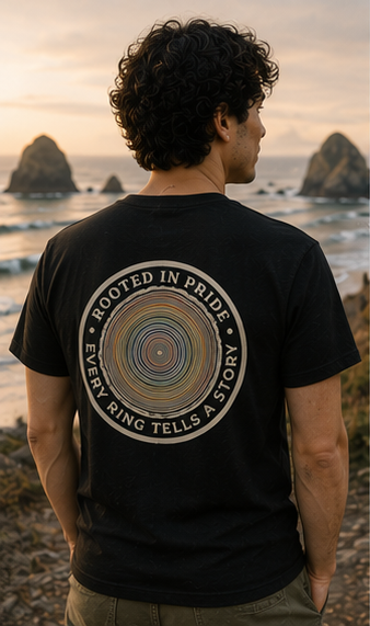 Quiet Rings T-Shirt on the rugged Pacific Northwest coast — queer-owned PNW Pride apparel, back view