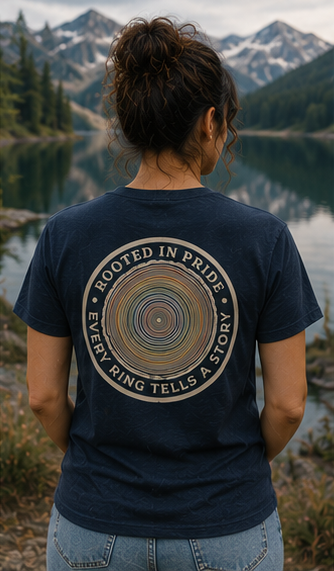 Quiet Rings T-Shirt at a misty Pacific Northwest mountain lake — queer-owned PNW Pride apparel, back view