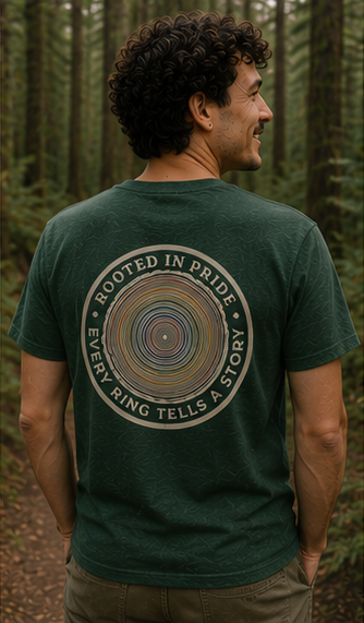 Quiet Rings T-Shirt at a Pacific Northwest forest — queer-owned PNW Pride apparel, back view