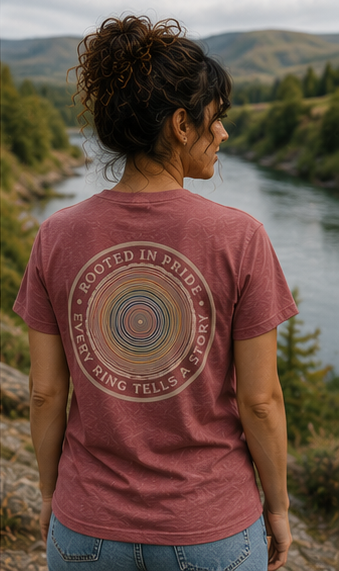 Quiet Rings T-Shirt at a Pacific Northwest river overlook — queer-owned PNW Pride apparel, back view