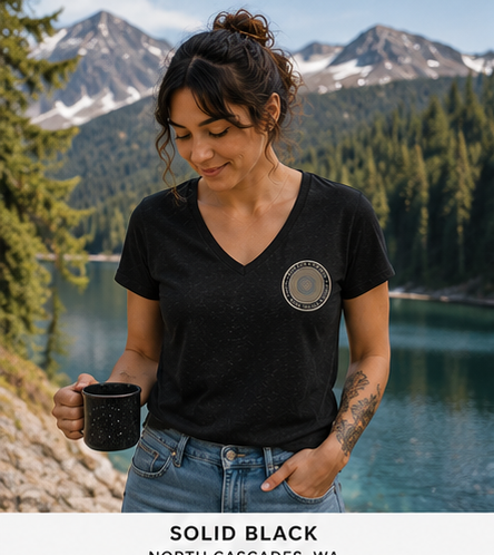 Quiet Rings Women's Relaxed V-Neck T-Shirt in the North Cascades — queer-owned PNW Pride apparel, front view