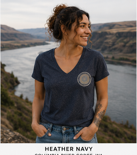 Quiet Rings Women's Relaxed V-Neck T-Shirt at the Columbia River Gorge — queer-owned PNW Pride apparel, front view