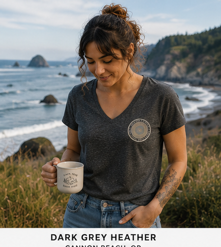 Quiet Rings Women's Relaxed V-Neck T-Shirt on Cannon Beach — queer-owned PNW Pride apparel, front view