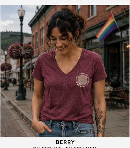 Quiet Rings Women's Relaxed V-Neck T-Shirt at a Pacific Northwest small town — queer-owned PNW Pride apparel, front view