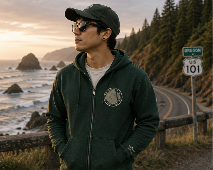 Quiet Rings Zip Hoodie on Oregon Coast Highway 101 — queer-owned PNW Pride apparel, front view