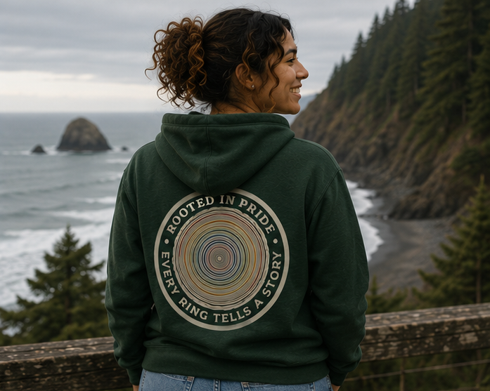 Quiet Rings Zip Hoodie on a Pacific Northwest coastline — queer-owned PNW Pride apparel, back view