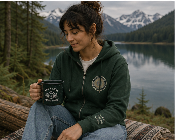 Quiet Rings Zip Hoodie at a Pacific Northwest mountain lake — queer-owned PNW Pride apparel, front view