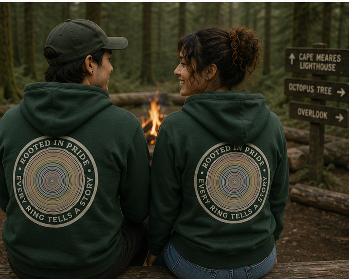 Quiet Rings Zip Hoodie at a Pacific Northwest campfire — queer-owned PNW Pride apparel, back view