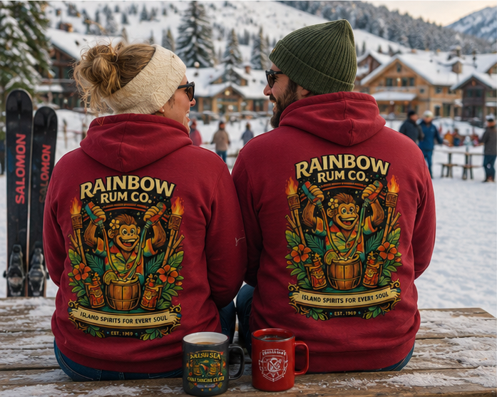 Rainbow Rum Hoodie at a Pacific Northwest après-ski lodge — queer-owned PNW Pride apparel, back view