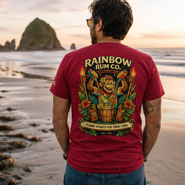 Rainbow Rum T-Shirt on Cannon Beach at sunset — queer-owned PNW Pride apparel, back view