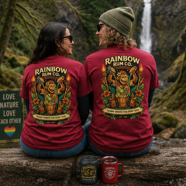Rainbow Rum T-Shirt at a Pacific Northwest forest waterfall — queer-owned PNW Pride apparel, back view