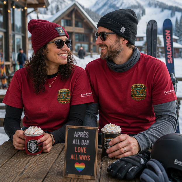 Rainbow Rum T-Shirt at a Pacific Northwest après-ski lodge — queer-owned PNW Pride apparel, front view